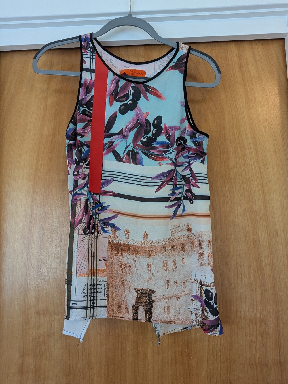 NWT Sleeveless Clover Canyon Floral & Striped Print Tank Top, Light Blue/ Pink
